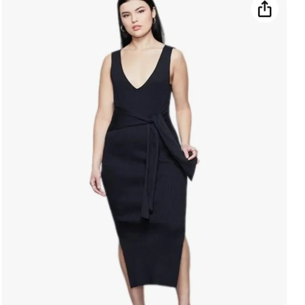 Good American Black Ribbed Knit Midi Dress with Ties - Size 2 (Medium) - Picture 1 of 8